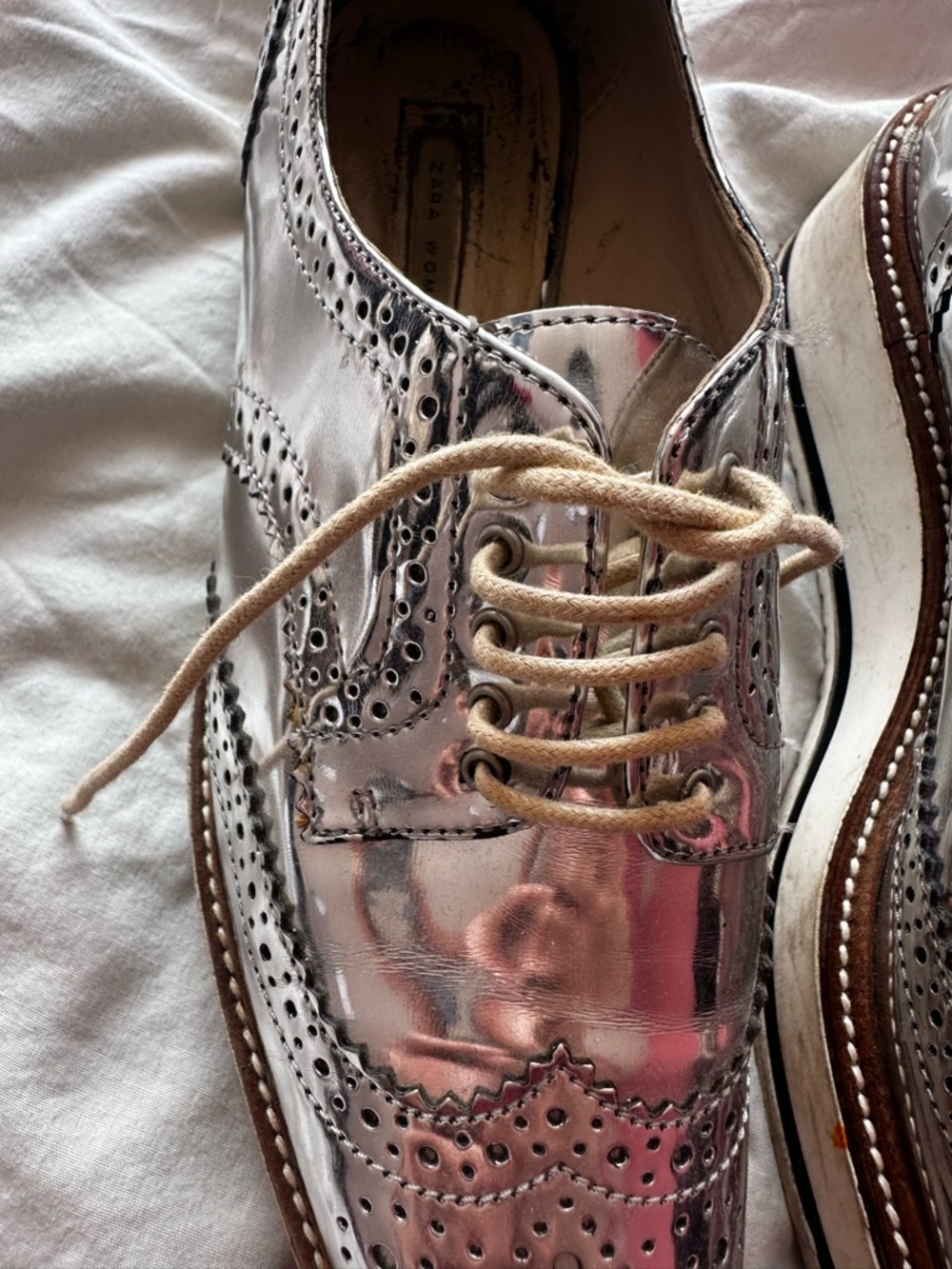 Zara Mirror Metallic Brogue Oxford Shoes Silver EU 38 - Picture 2 of 9